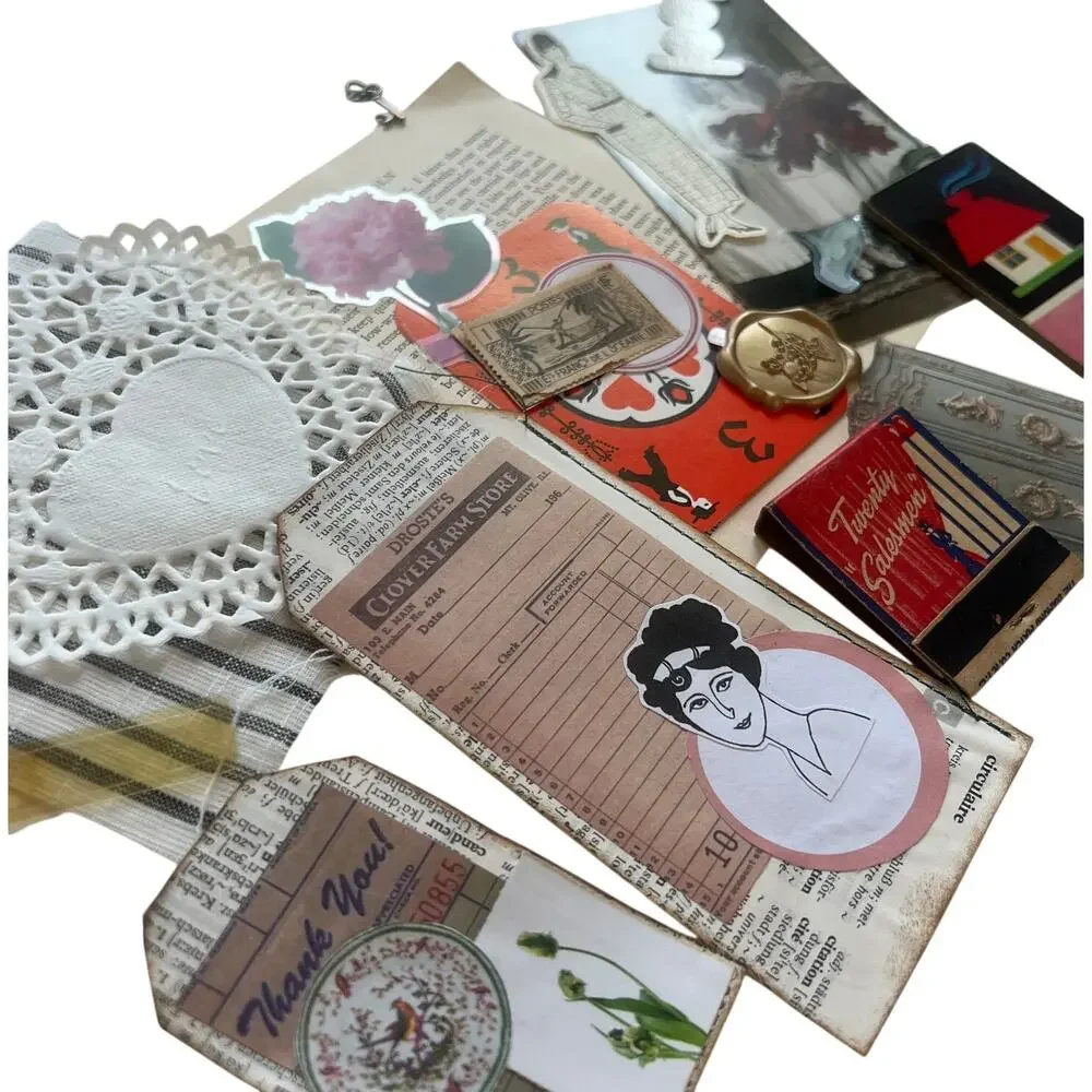 20 Pc Vintage Style Junk Journal Kit Ephemera Pack Matchbook Wax Seal Key Tag